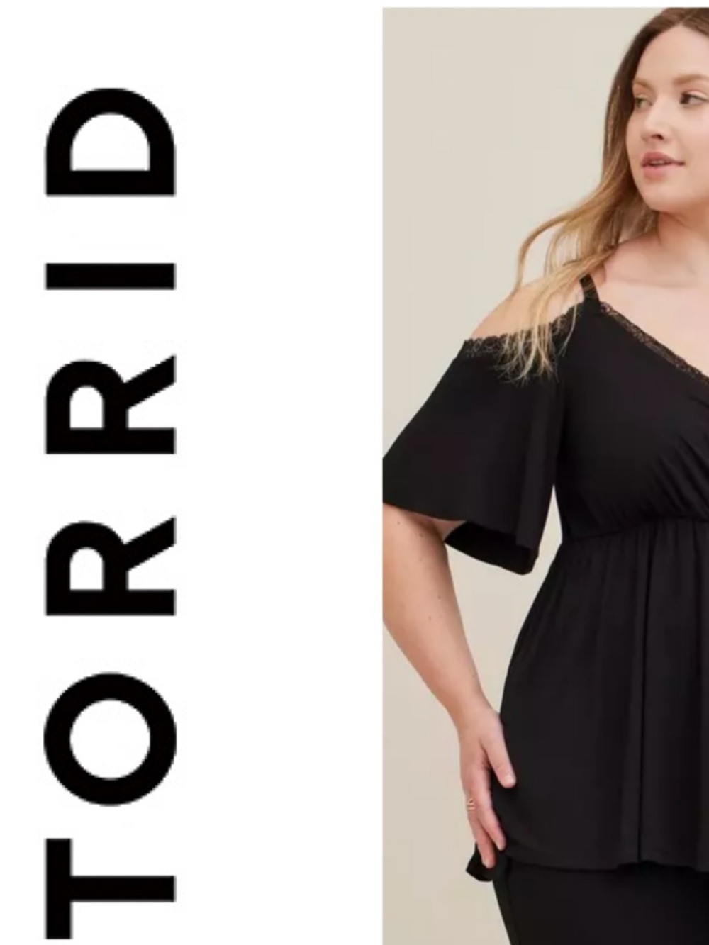 TORRID Babydoll Super Soft Surplice Lace Trim Cold Shoulder Top Black Size 1